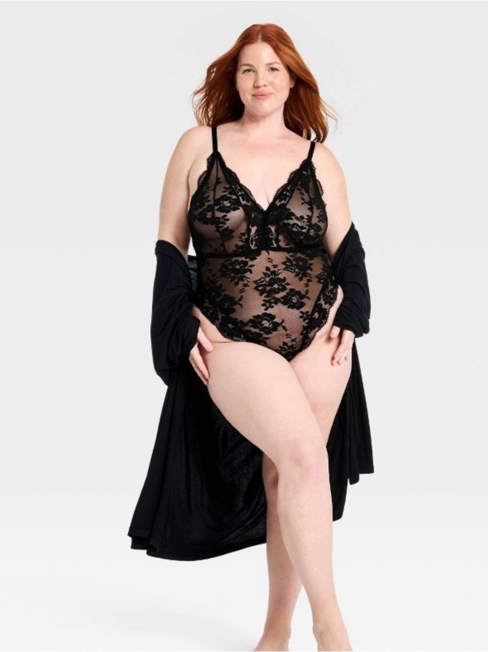 Auden Black Floral Lace Sheer Bodysuit